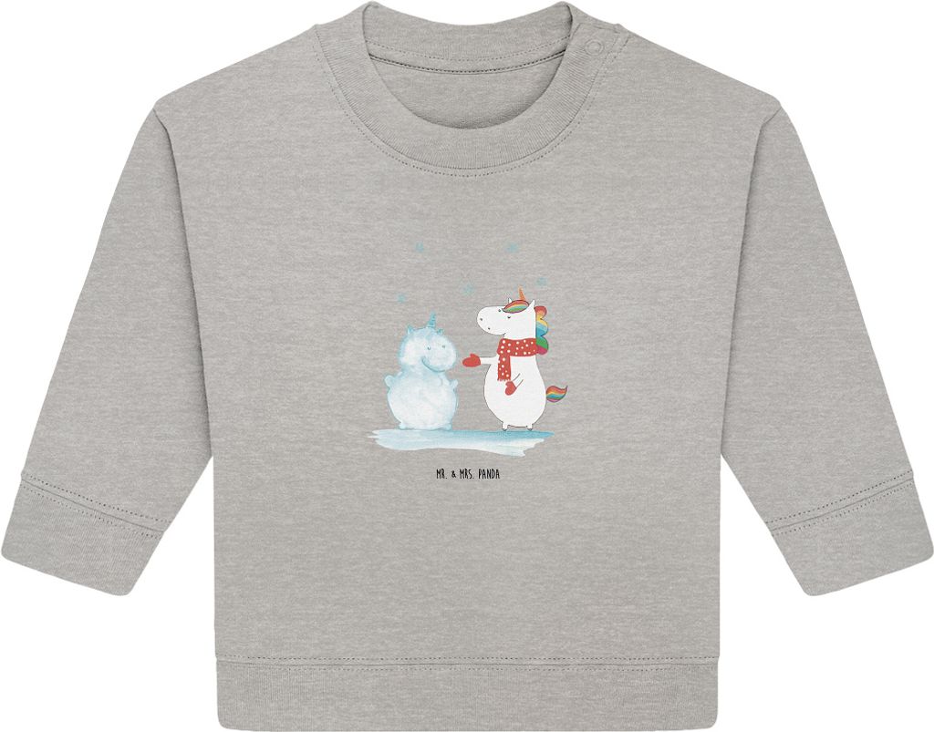 Mr. & Mrs. Panda Organic Baby Pullover Einhorn Schneemann 6. - 12. Monat - Heather Grey - Geschenk, Unicorn, kalt, Schnee, Winter, Weihnachten, Bul...