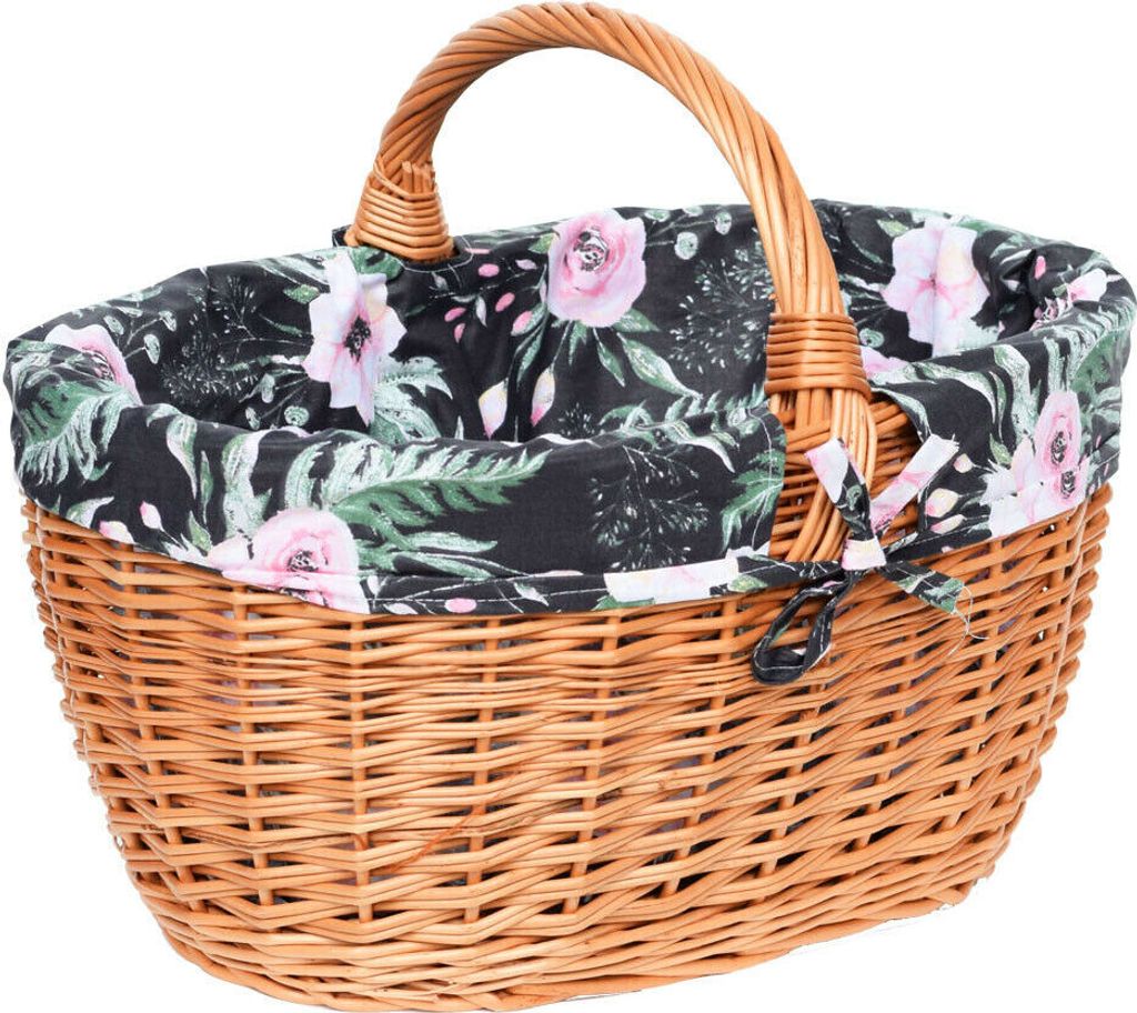 YULKA Einkaufskorb "BASIS" mit abnehmbaren dunklen Stoff (Blumen) Weidenkorb