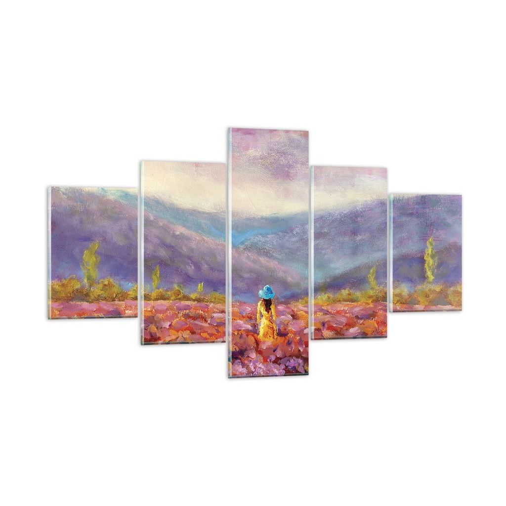 Bilder auf glas - 5 Teile - Feld Frau Landschaft - 125x70cm - Glasbilder - Wandbilder - Bilder - zum Aufhängen bereit - Wanddekoration aus Glas - ...