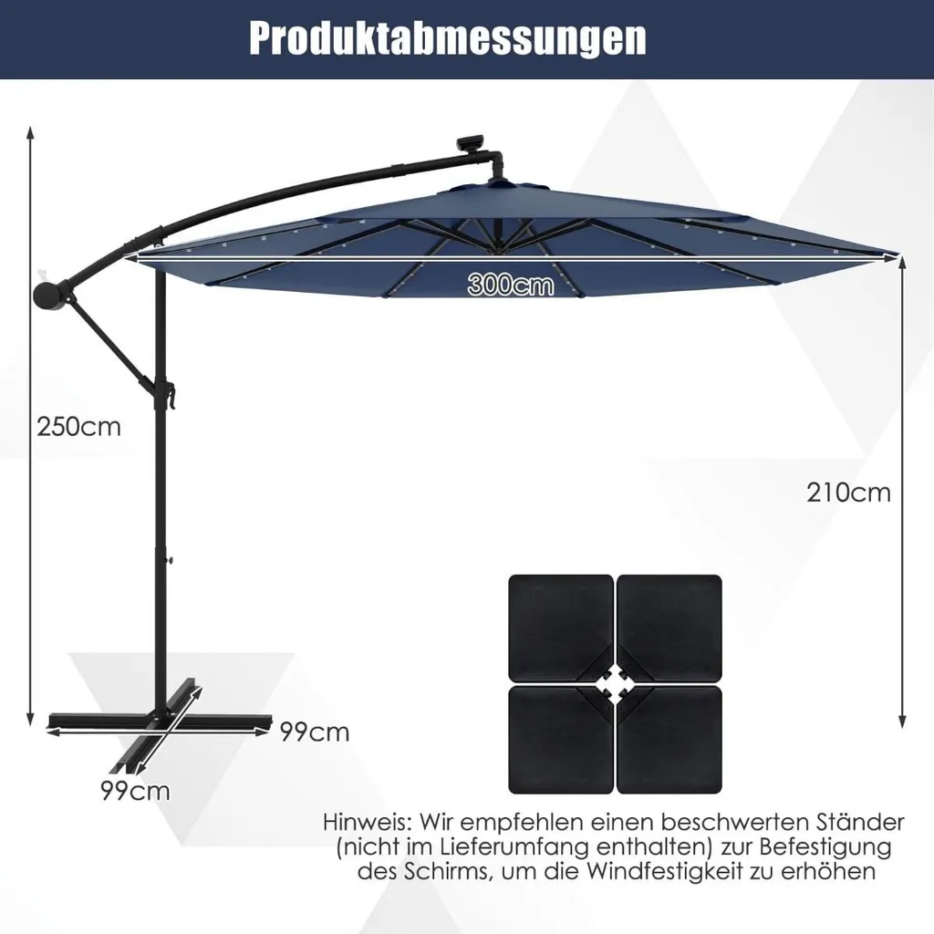 Parasol de terrasse solaire avec lumières LED bleu marine 300cm