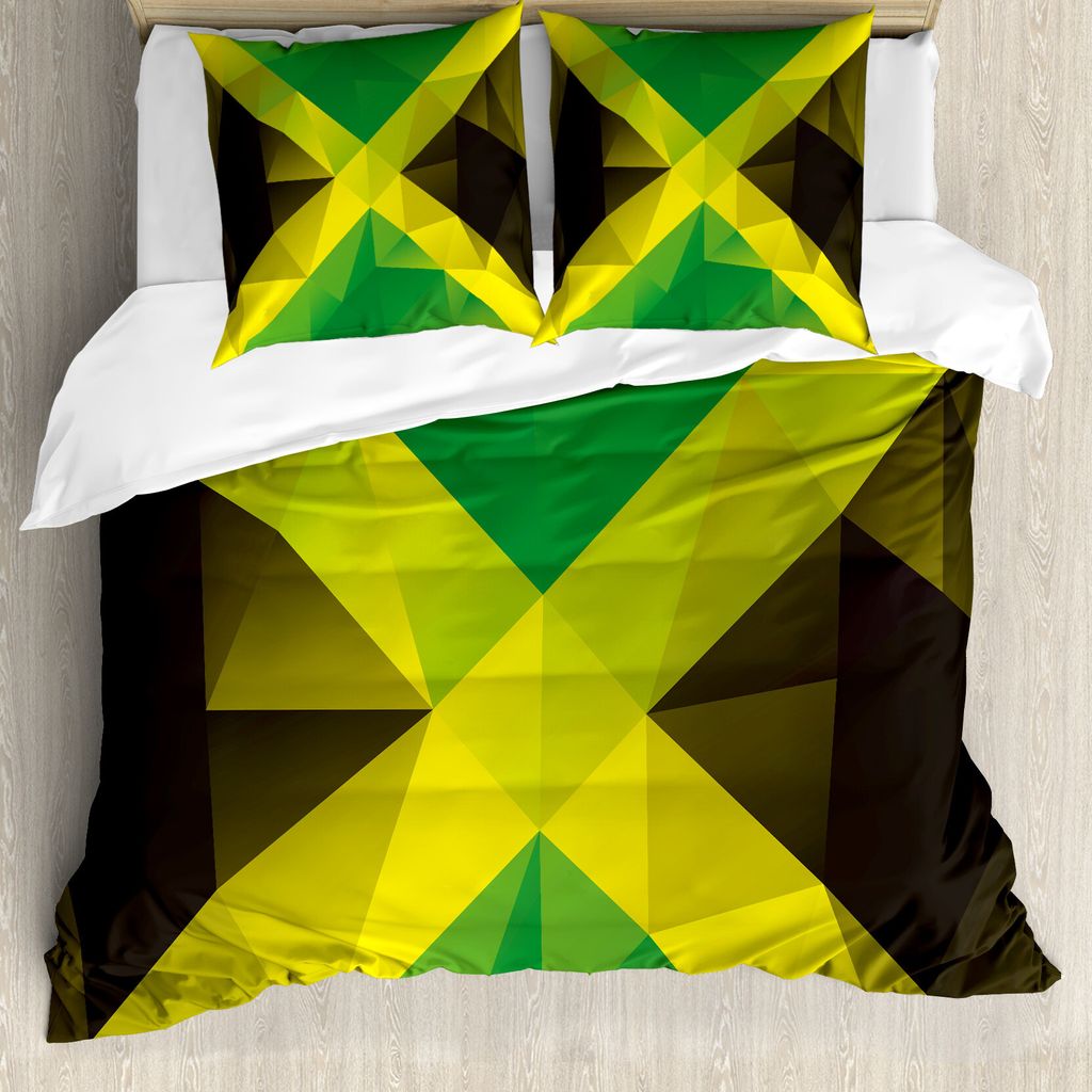 ABAKUHAUS jamaikanisch Bettbezug, Dreieck Polygon-Flagge, Milbensicher Allergiker geeignet mit Kissenbezügen, 155 cm x 220 cm - 80 x 80 cm, Gelb G...
