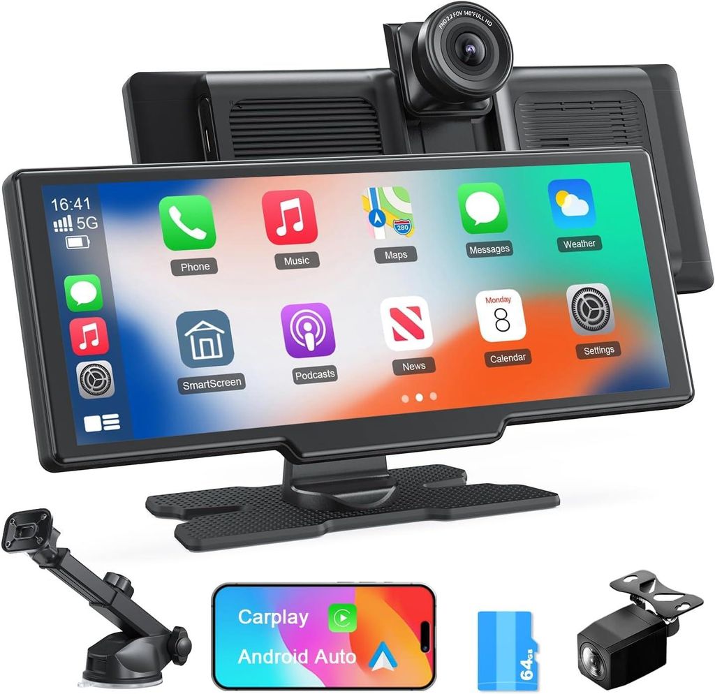 9,26"Tragbares Carplay Display für Apple CarPlay & Android Auto 4K Dashcam IP67 Rückfahrkamera CarPlay Halterung OTA-Updates Rückfahrkamera 64G ...