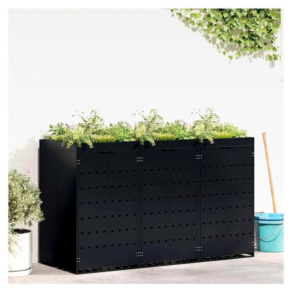 Mülltonnenbehälter für 3 Behälter Schwarz 204 x 77,5 x 121,5 cm, Mülltonnenbox für Garten und Gewerbe