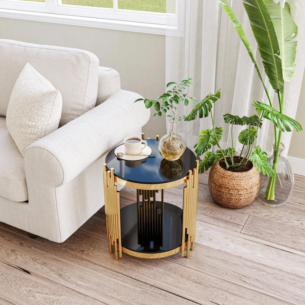 Petite table basse de luxe ronde verre noir et structure dorée chic - 10