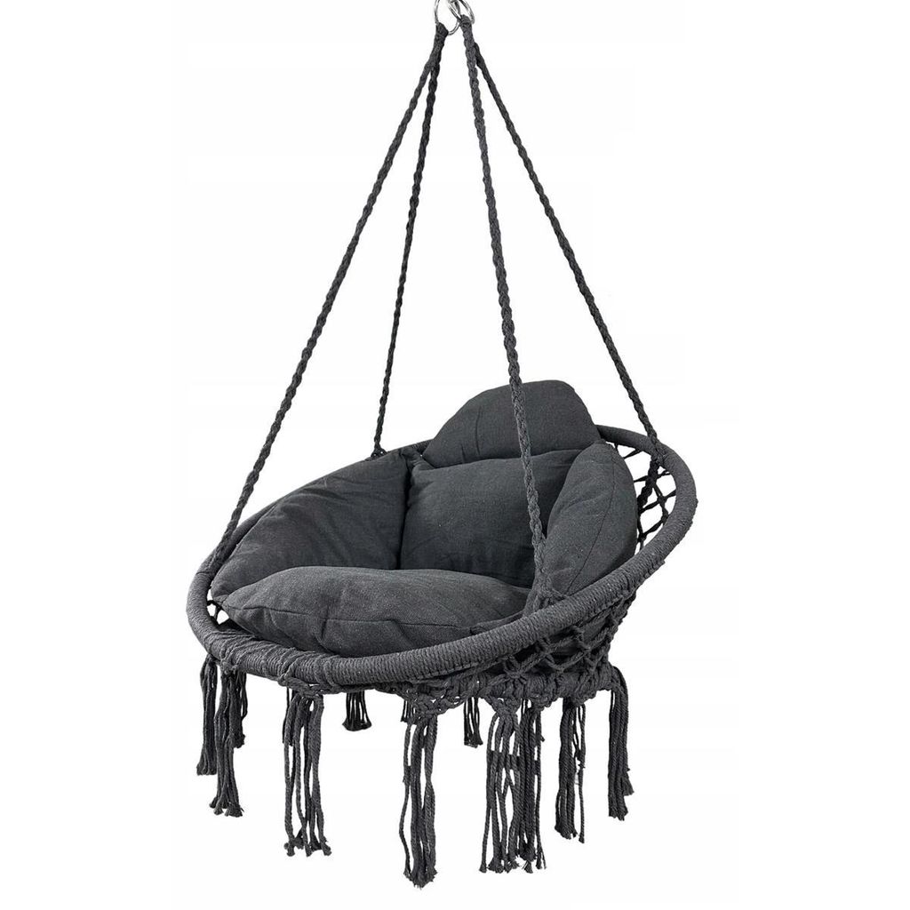 Hängesessel BLISS mit Kissen, Boho Hängestuhl Dunkelgrau bis 150kg Belastbar, Baumwolle Schaukel für Garten, Balkon & Wohnzimmer