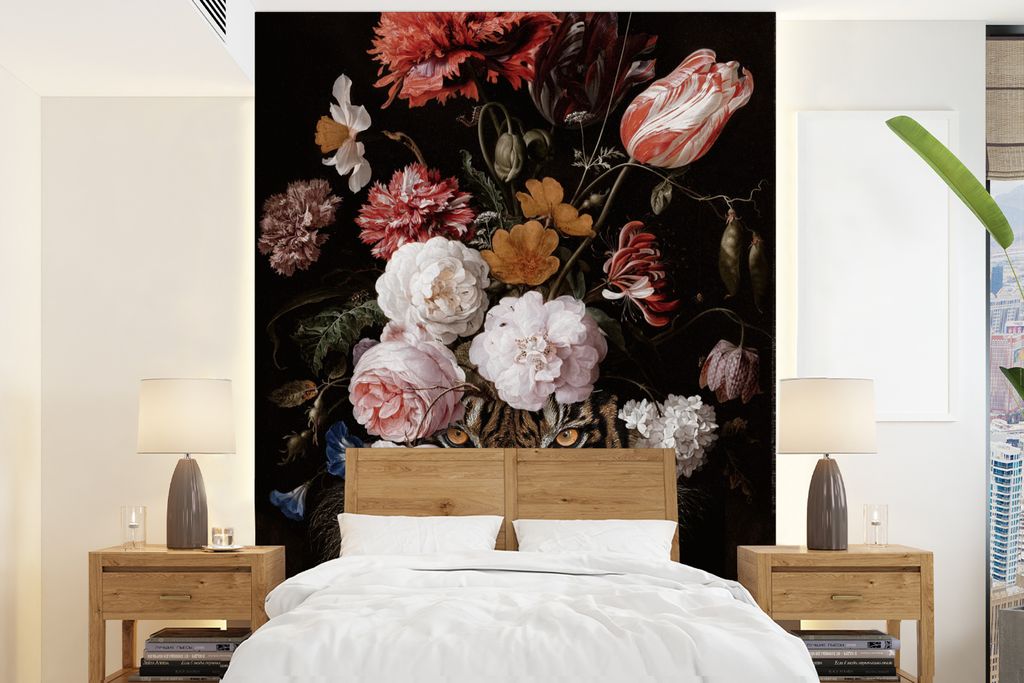 MuchoWow Fototapete für Wohnzimmer oder Schlafzimmer Wandtapete Vinyl Motivtapete Tiger - Blumen - Tierkopf - 165x220 cm - Wanddekorationen