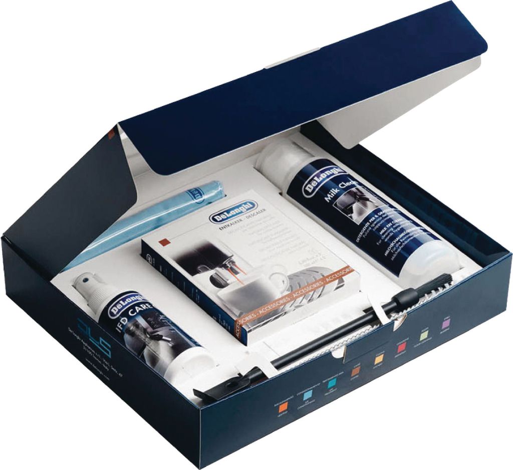 A box of De'Longhi coffee machine cleaning and maintenance supplies.