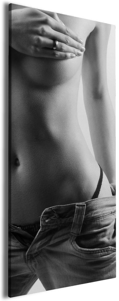 Wallario Premium Leinwandbild Halbnackte Frau mit Jeans in Größe 80 x 200 cm