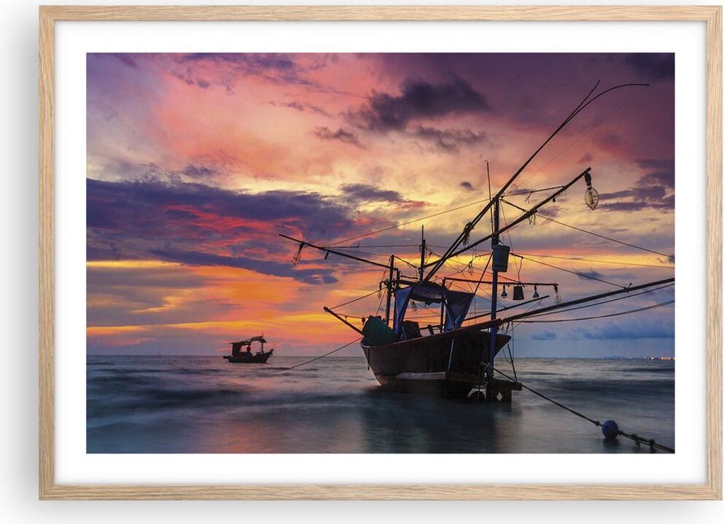 Gerahmtes Poster - Rahmen in heller Eiche - Asien Boot Kutter - 70x50 cm - Wand Bild - Wanddeko - Wandbilder - Wandposter - Bilderrahmen - Bilder -...