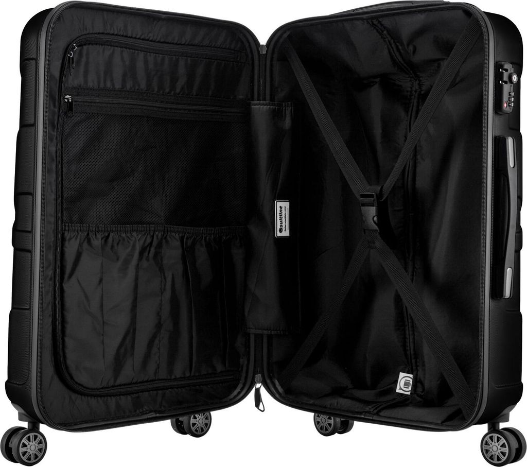 An open black suitcase, showing its interior.