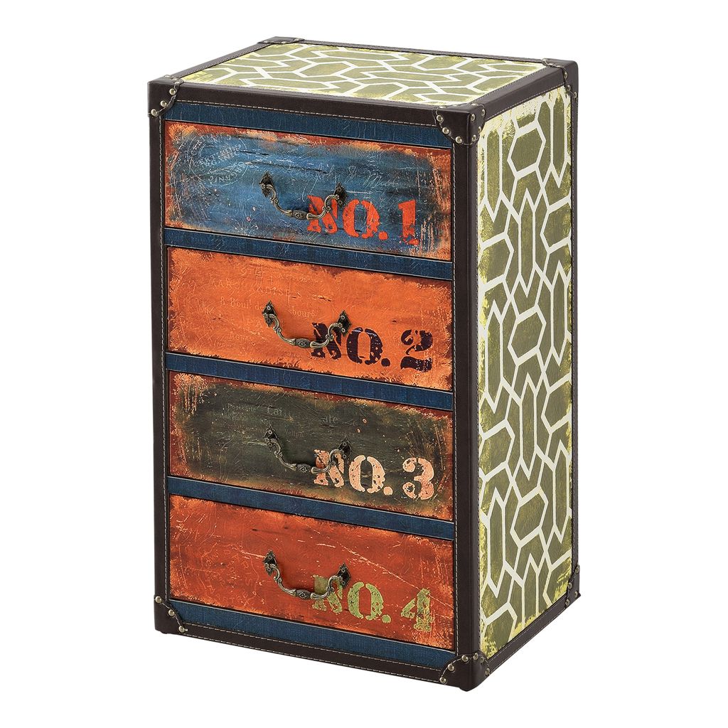A four-drawer chest with a vintage, industrial look, set against a white background.