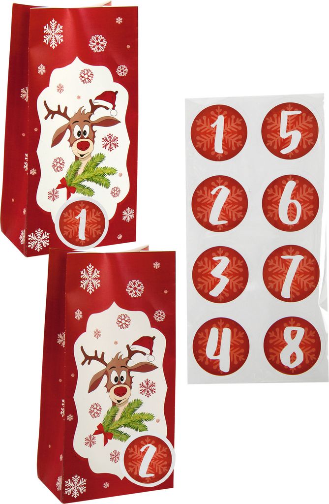 Two red Christmas advent bags with reindeer designs and numbered stickers.