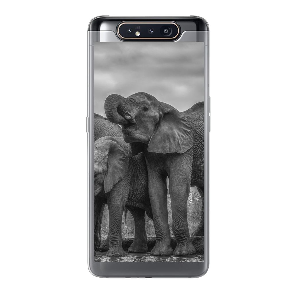 MuchoWow Handyhülle Schutzhülle Hülle für Samsung Galaxy A80 Elefant - Tiere - Wasser - Schwarz und weiß Silikon Softcase Handy Hülle - Sch...