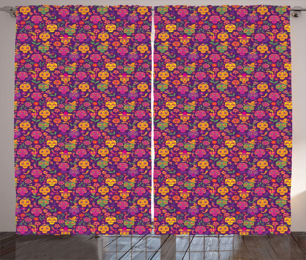 ABAKUHAUS Rideau Dia De Los Muertos Rustique à Boucles - 280 x 225 cm