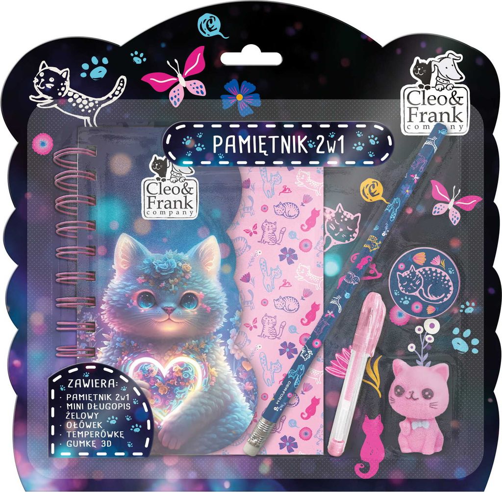 Tagebuch mit Vorhängeschloss 3D Kitty + Notizbuch Radiergummi Bleistiftspitzer Stift Kidea