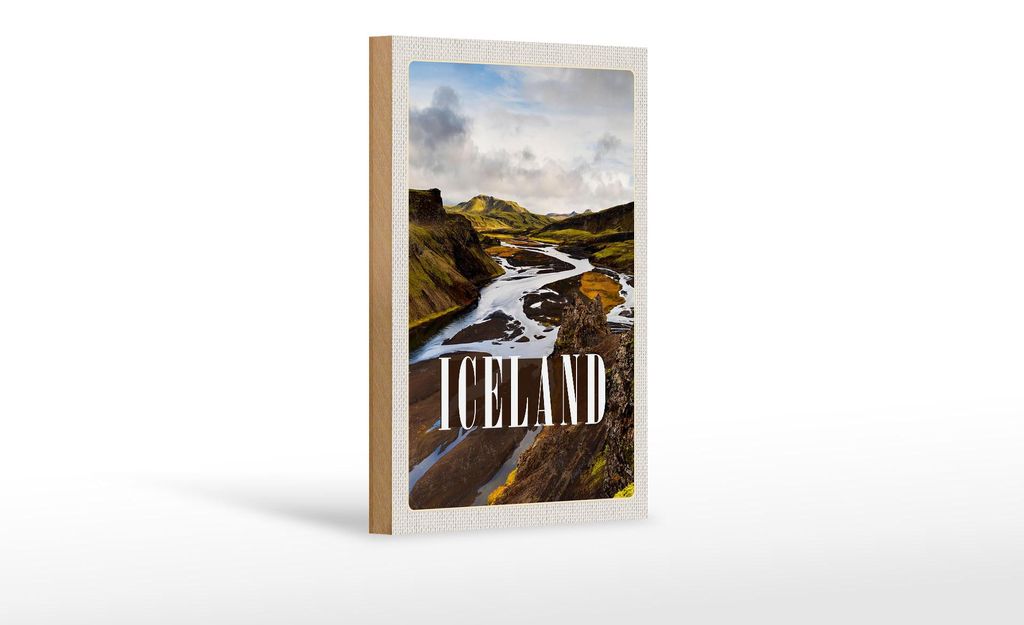 Holzschild Reise 12x18 cm Iceland Berge Vulkaninsel Geschenk