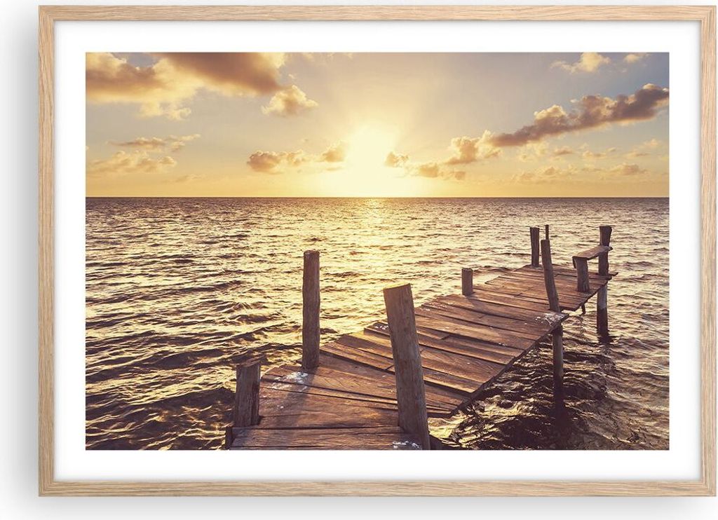 Gerahmtes Poster - Rahmen in heller Eiche - Brücke Sonne Ozean - 70x50 cm - Wand Bild - Wanddeko - Wandbilder - Wandposter - Bilderrahmen - Bilder...