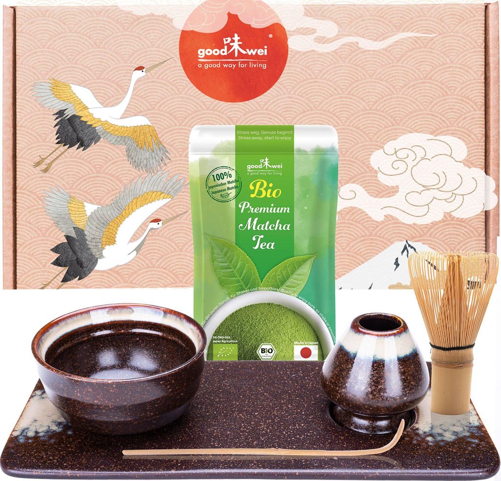 Matcha Set "Kumo" mit Schale, Besen, Besenhalter & Keramik-Tablett + Matcha & Cocos – stilvolles Komplettset für Matcha-Liebhaber
