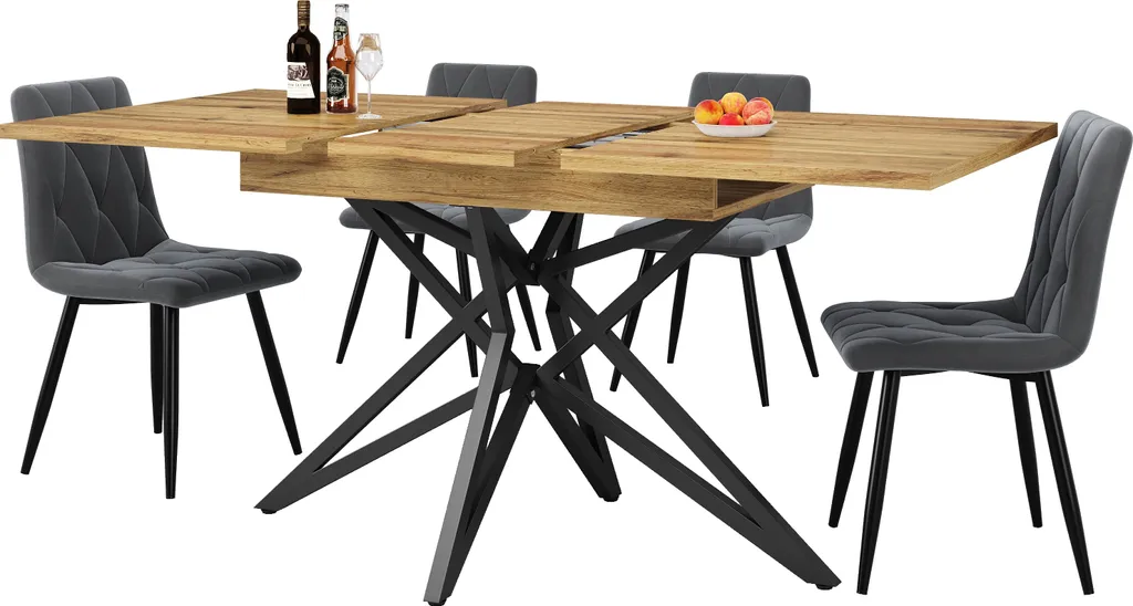 Table à manger extensible Sweiko et chaises velours gris à motifs chic