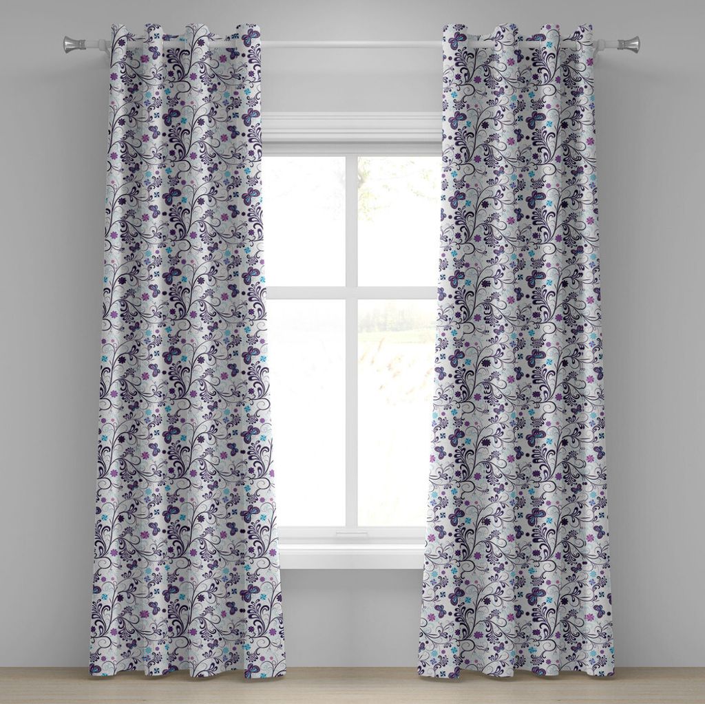 ABAKUHAUS Blumen Ösenvorhang, Frühling mit fliegenden inspirierenden Schmetterlingen und Strudeln Branchen Design, Dekorative 2-Panel-Fenstervorh...