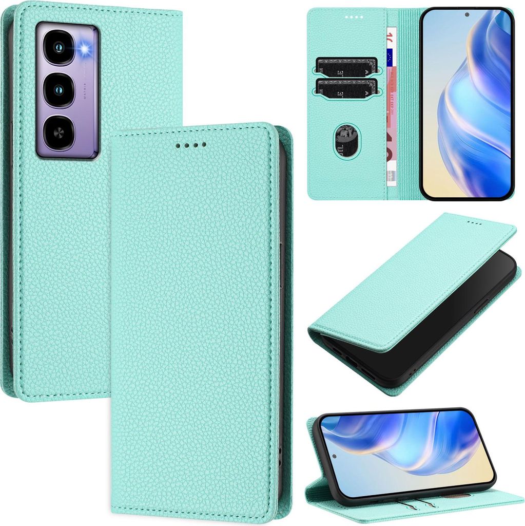 Litchi Leder Handyhülle für itel City 100 Wallet Kartenfächer Standfunktion Hülle Türkis
