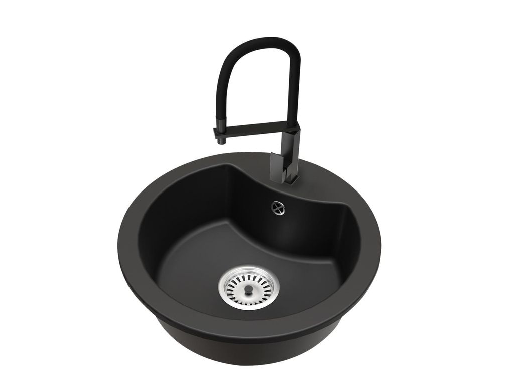 Mila Einbecken-Granitspüle Rund mit Küchenarmatur LUK Schwarz und Siphon Chrom