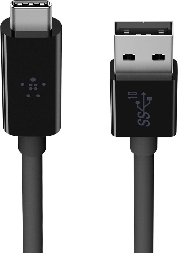A black USB-C to USB-A cable with silver connectors is shown against a white background.