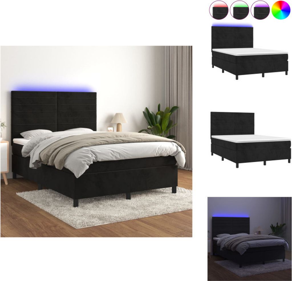 vidaXL Boxspringbett mit Matratze & LED Schwarz 140x190 cm Samt - Betten & Bettgestelle