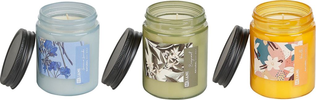 BELIANI Duftkerze 3er Set Mehrfarbig Sojawachs mit Baumwolldocht im Glas mit Deckel Duftnote: Geranium Lavendel Bergamotte Vanille Geschenkset
