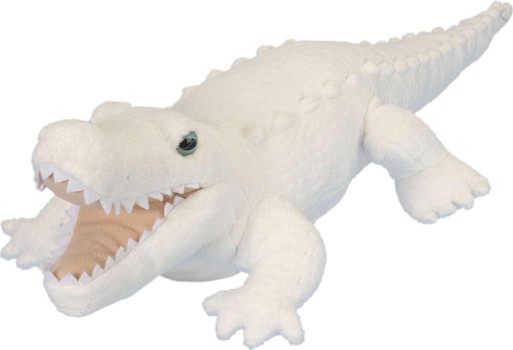 A white plush alligator toy is shown lying on a white background with its mouth open.