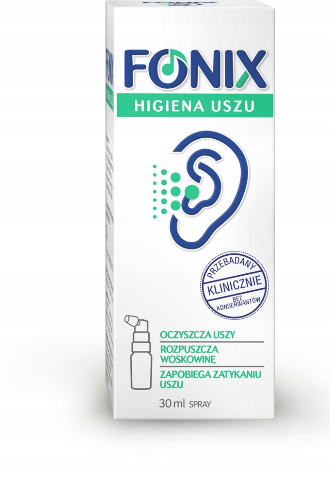 A product shot of a Fonix ear hygiene spray box against a white background.