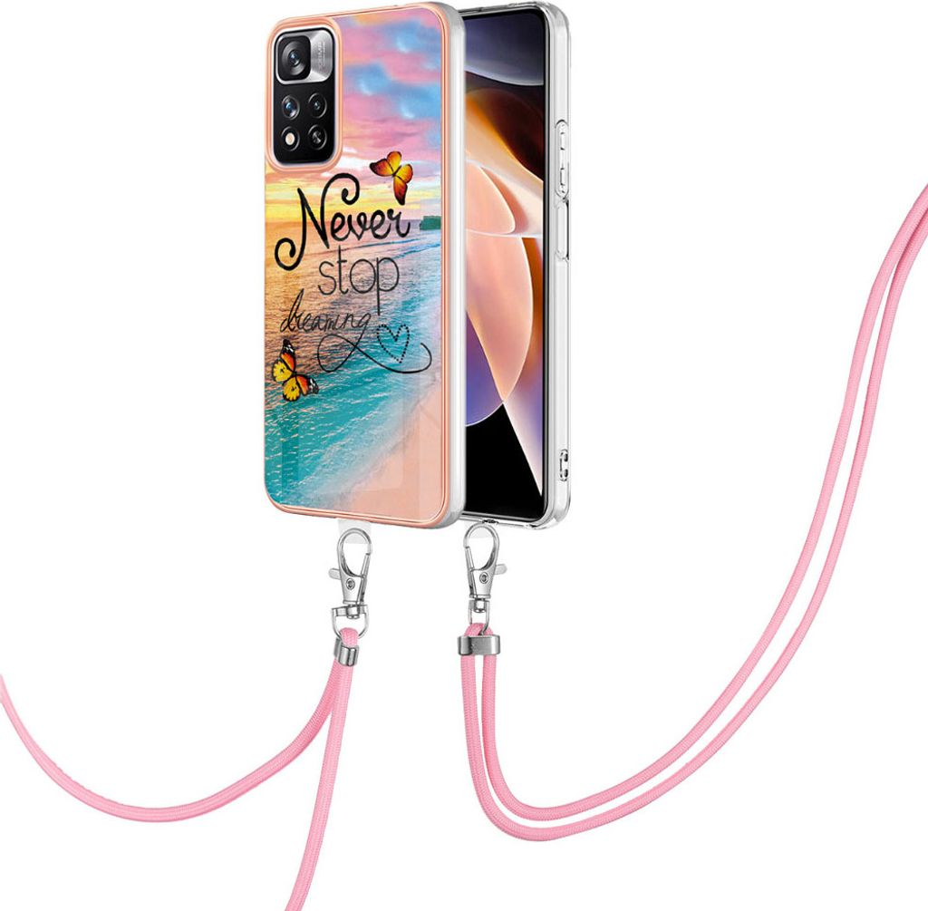 Handykette Hülle für Xiaomi Redmi Note 11 5G Muster TPU Schutzhülle mit verstellbarem Tragegurt Gold