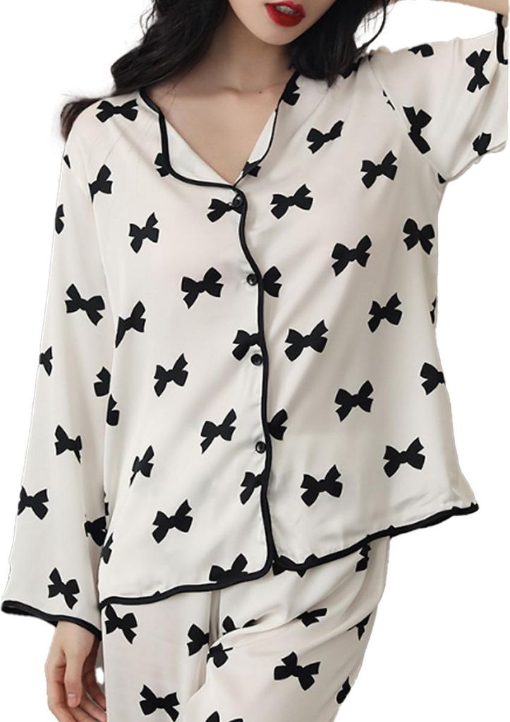 Pyjama-Set aus Eisseide für Damen, mit Schleife und Wellenkante, langärmelig, ideal für Frühling und Herbst