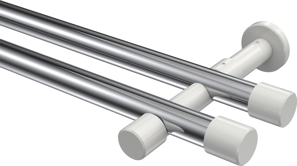 Interdeco Gardinenstange / Vorhangstange Chrom / Weiß, Typ Prestige Santo (Kappe) ohne Ringe, 20 mm Ø 2-läufig, 320 cm