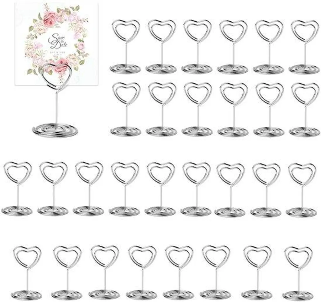 Porte-menus de table argentés en forme de cœur pour réception - 30 pcs