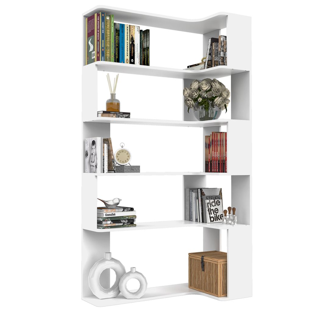 A white, L-shaped corner bookshelf with several shelves, displaying books and decorative items.