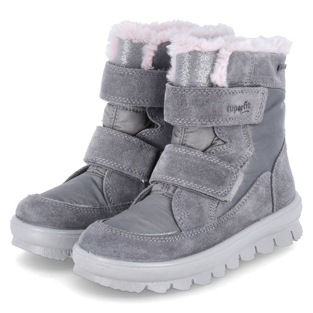 A pair of gray winter boots for children.
