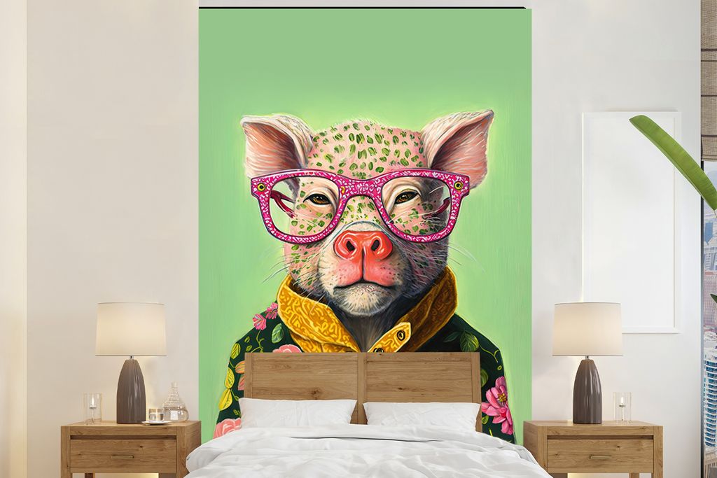 MuchoWow Fototapete für Wohnzimmer oder Schlafzimmer Wandtapete Vinyl Motivtapete Brille - Rosa - Schwein - Blumen - Tier - 180x280 cm - Wallpaper