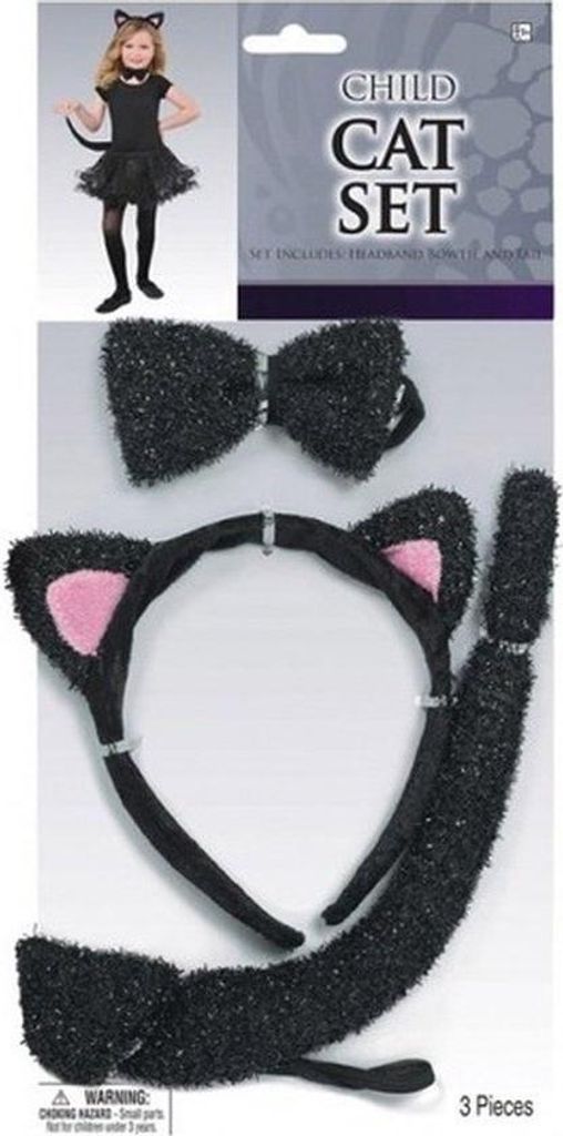 Katten/poezen verkleedset - voor kinderen - zwart - 3 delig Productafbeelding 