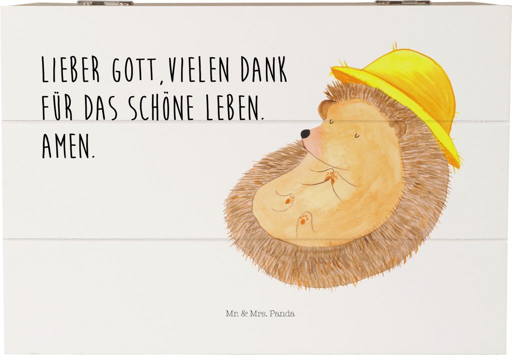 Mr. & Mrs. Panda Holzkiste Igel Beten 22 x 15 cm - Weiß - Geschenk, truhe holz, Leben, Genießen, Box, Sonnenhut, fotobox, mit Deckel, schmuckbox,...