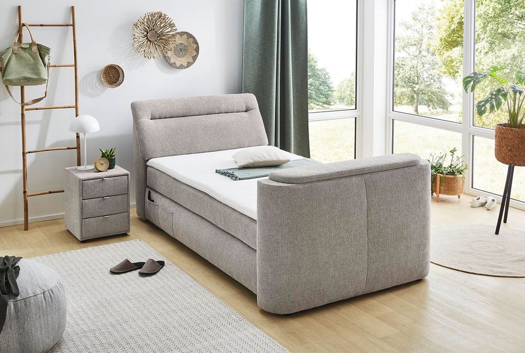 120x200 Boxspringbett inkl. TV-Halterung, KS-Topper und Bettkasten CURVE von Jockenhöfer / Chenille greige