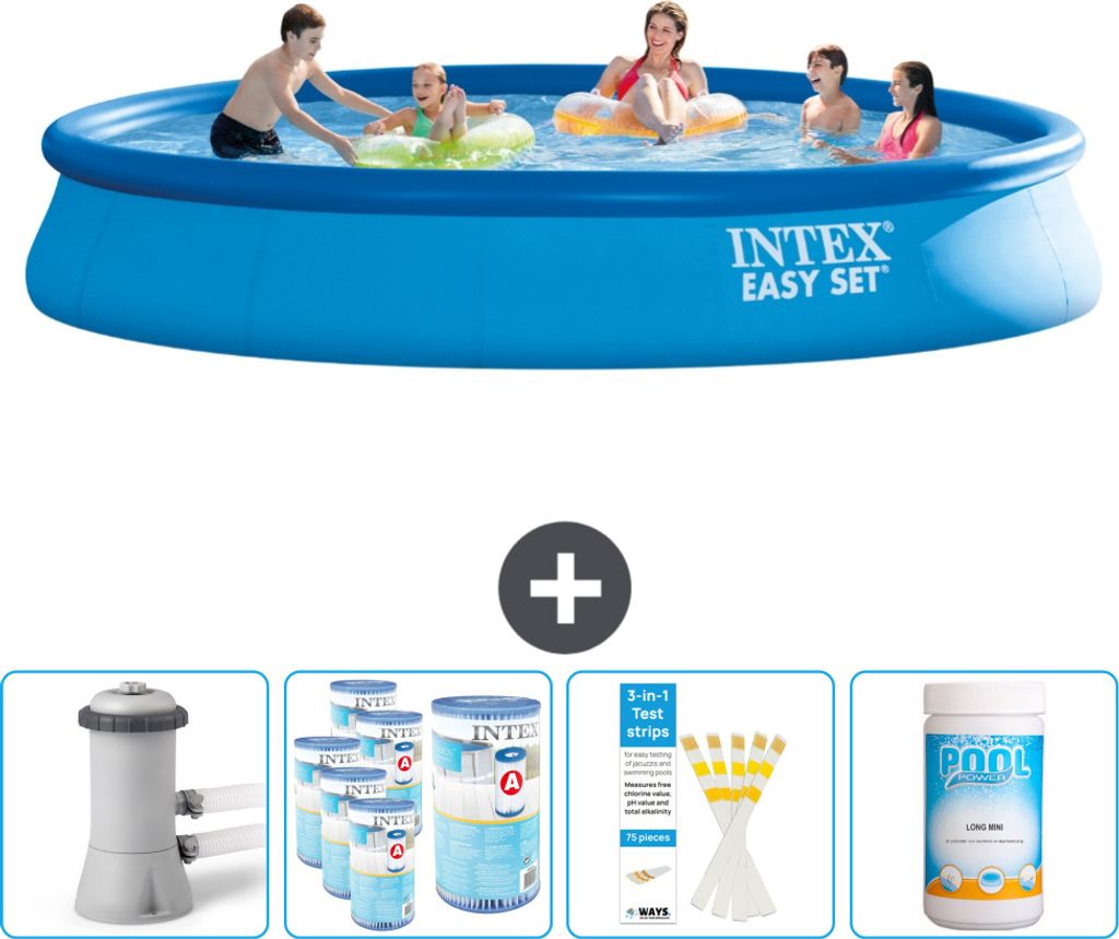 Intex runder aufblasbarer Easy Set-Schwimmpool – 457 x 84 cm – Blau – inklusive Pumpe Filter - Teststreifen - Chlor