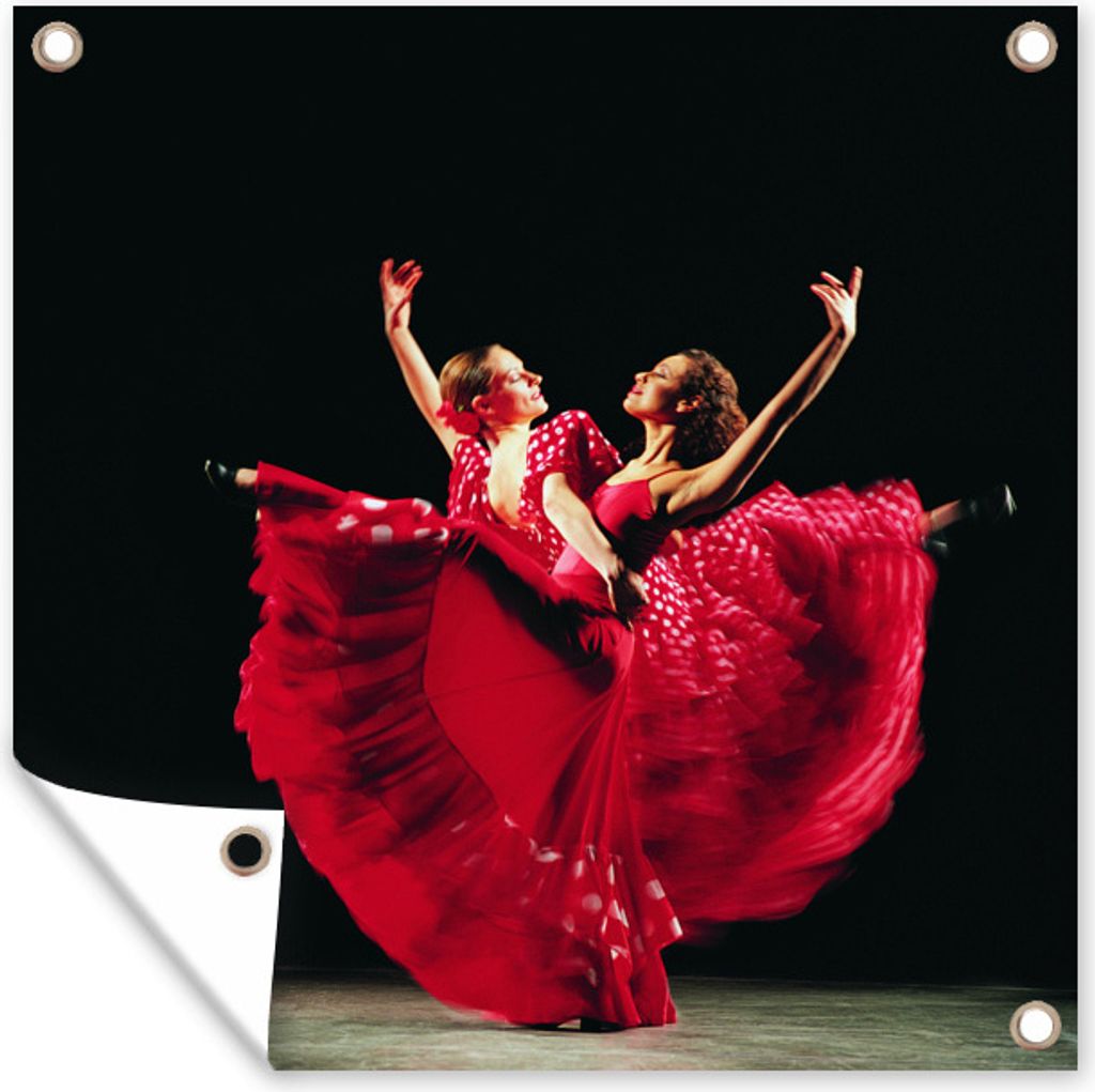 MuchoWow 50x50 cm Outdoor-Poster Gartendeko Sichtschutz Garten Poster für den Garten Zwei Frauen tanzen den Flamenco auf einem schwarzen Hinterg...