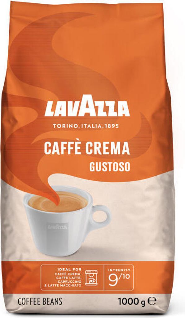 A bag of Lavazza Caffe Crema Gustoso coffee beans with a cup of coffee depicted.