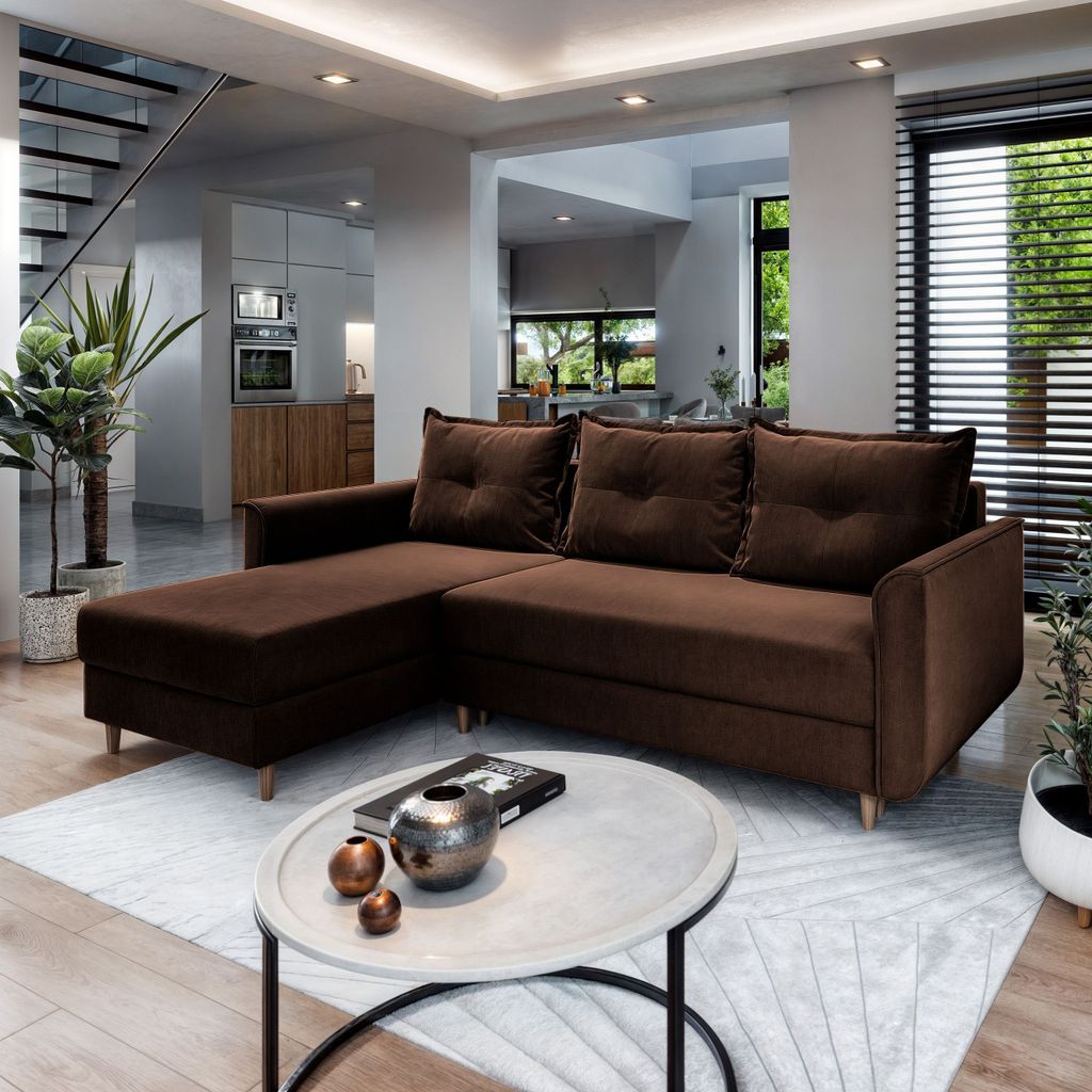 Masseno Ecksofa PISAN R-S mit Schlaffunktion L-Form, Sofa mit Bettkasten, Wohnzimmersofa, Couch, Soffa, Bettsofa, Couchgarnitur- Braun, KRONOS 06