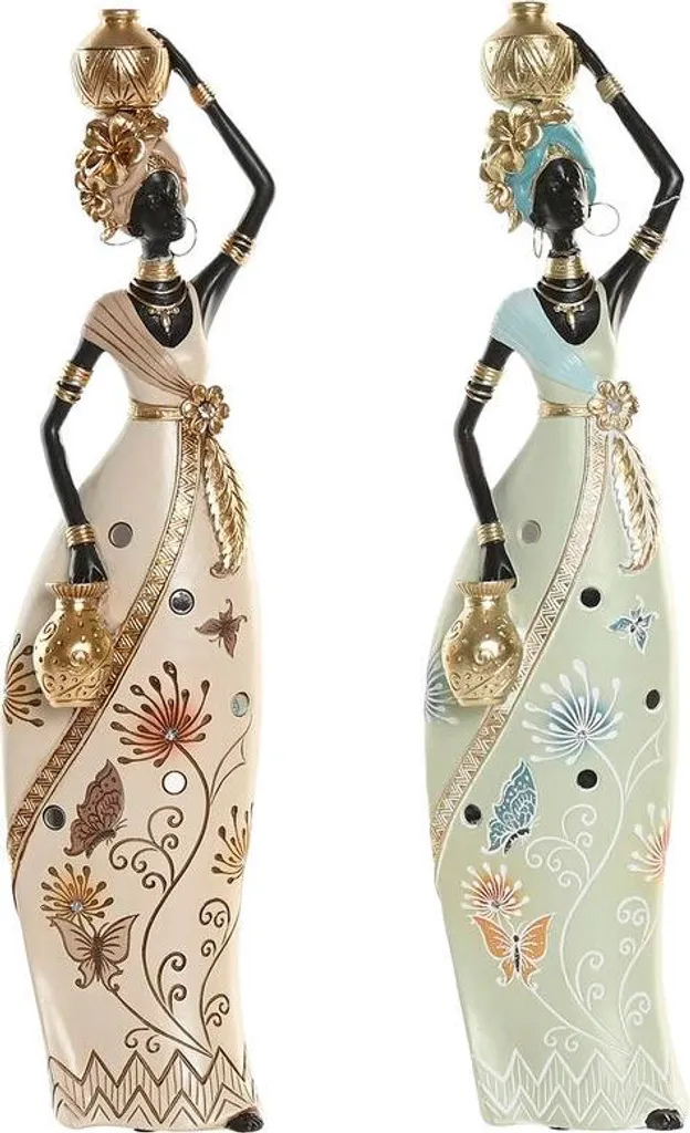 Figurine déco Home ESPRIT Femme Africaine Vert et Beige - Lot de 2