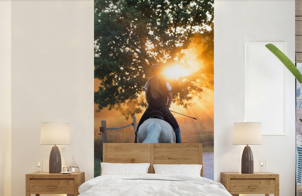 MuchoWow Fototapete für Wohnzimmer oder Schlafzimmer Wandtapete Vinyl Motivtapete Pferd - Sonne - Sand - 120x240 cm - Hintergrundbild