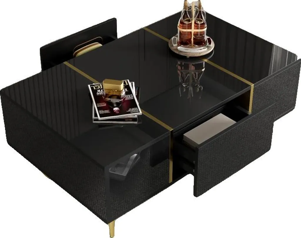 Table basse laquée noire avec grand espace de rangement sous plateau