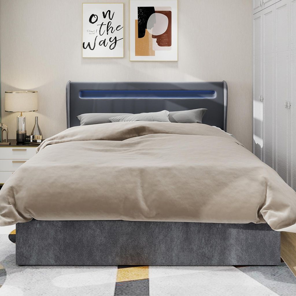 Sweiko Modern Minimalist Upholstered Bed with Soft LED-Integrated Headboard, 160x200 cm, Grey, Multifunctional Bedroom Furniture, High-Profile Stor...