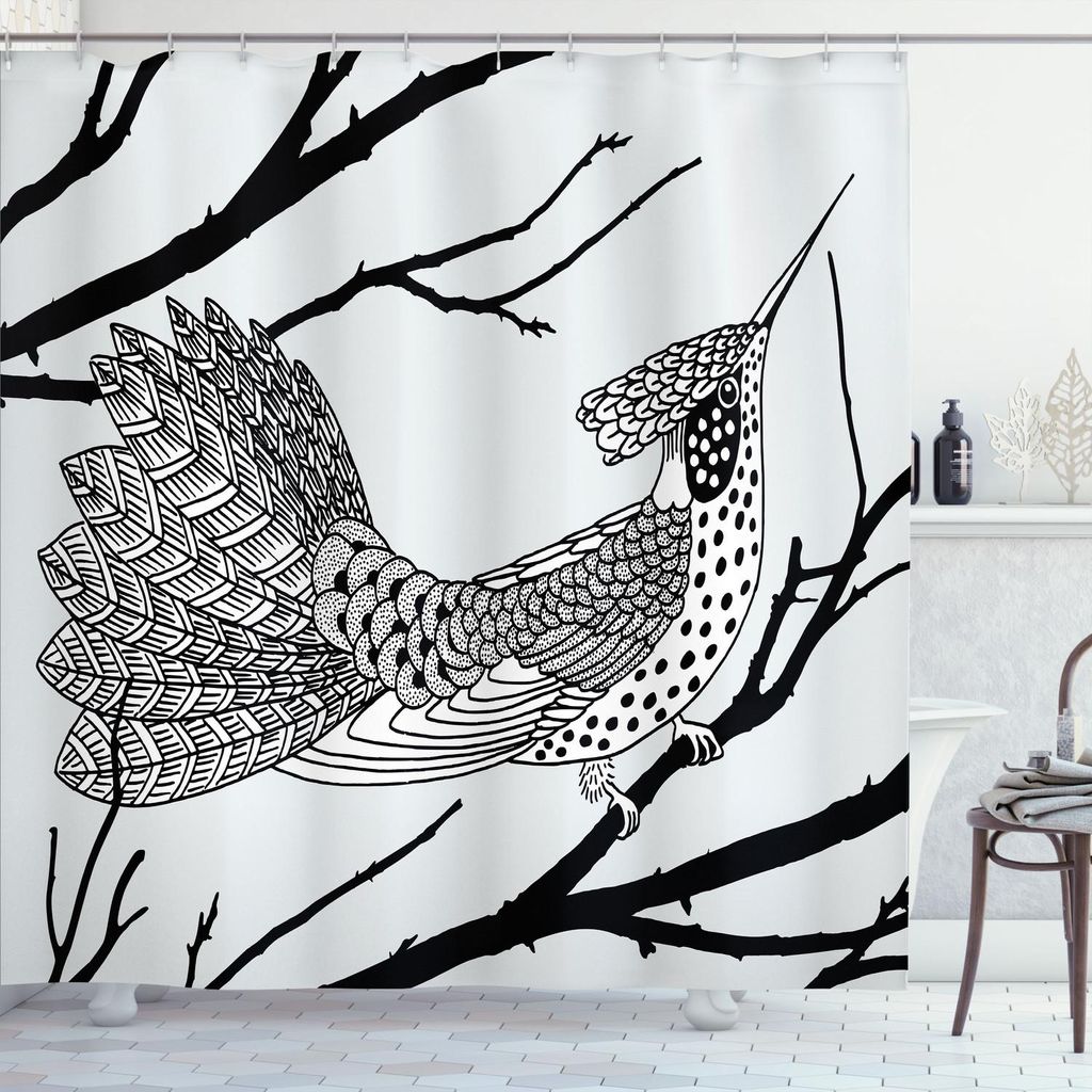 ABAKUHAUS Kolibri Duschvorhang, Monochromatische Hand Drawn Zier Feathery Exotischer Vogel auf Bank, 175 x 220 cm, Pale Taupe Koksgraue